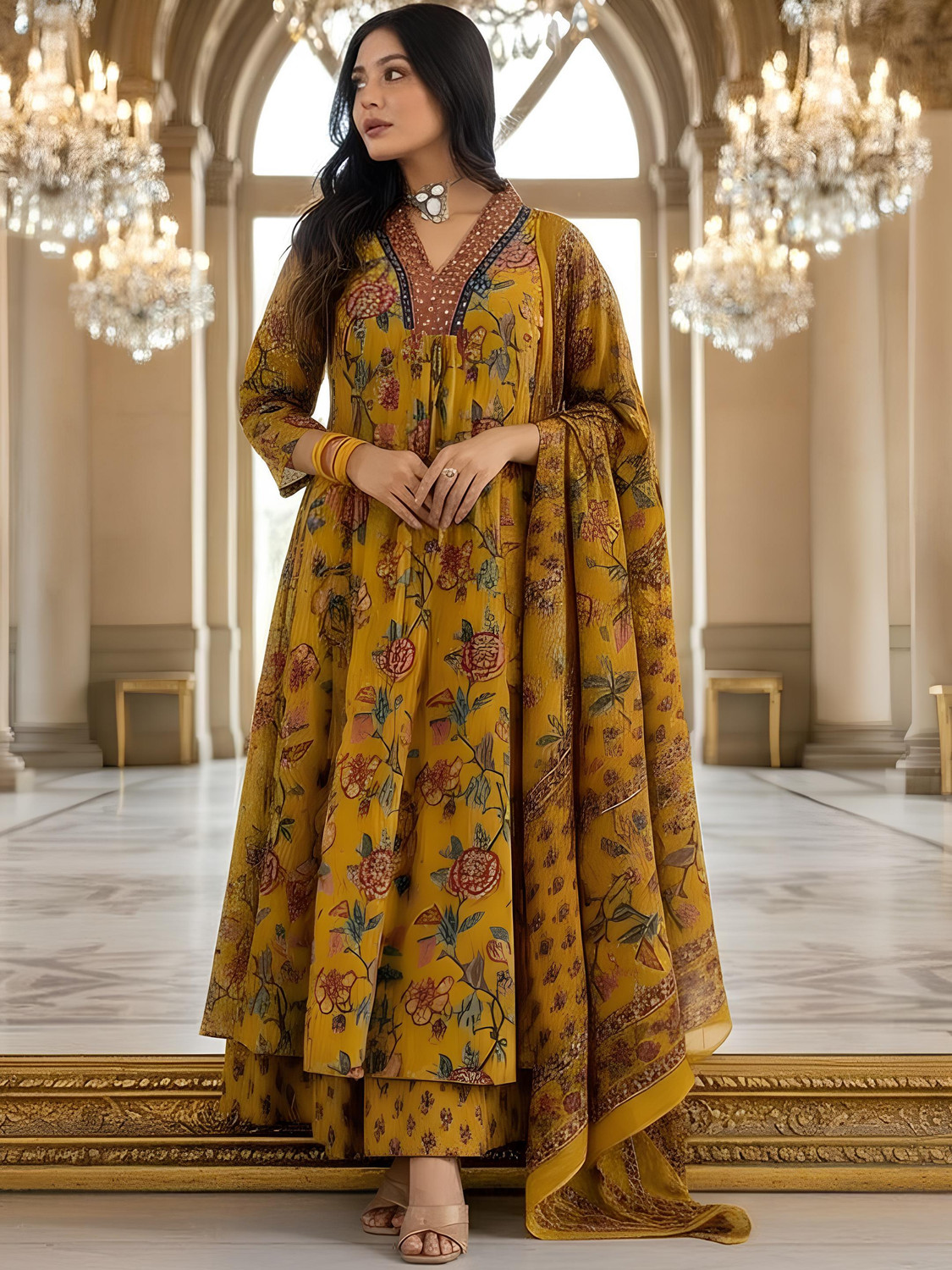 Image of BAMSOM WEAR Embroidered Kurta, Palazzo & Dupatta Set