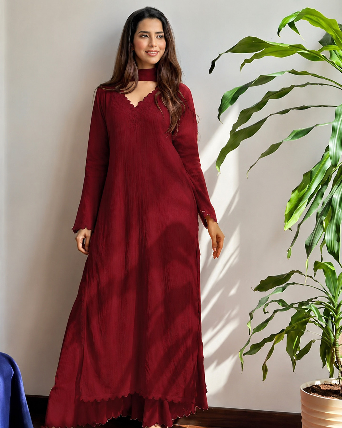 Image of UNIQUEINT Embroidered Kurta, Palazzo & Dupatta Set