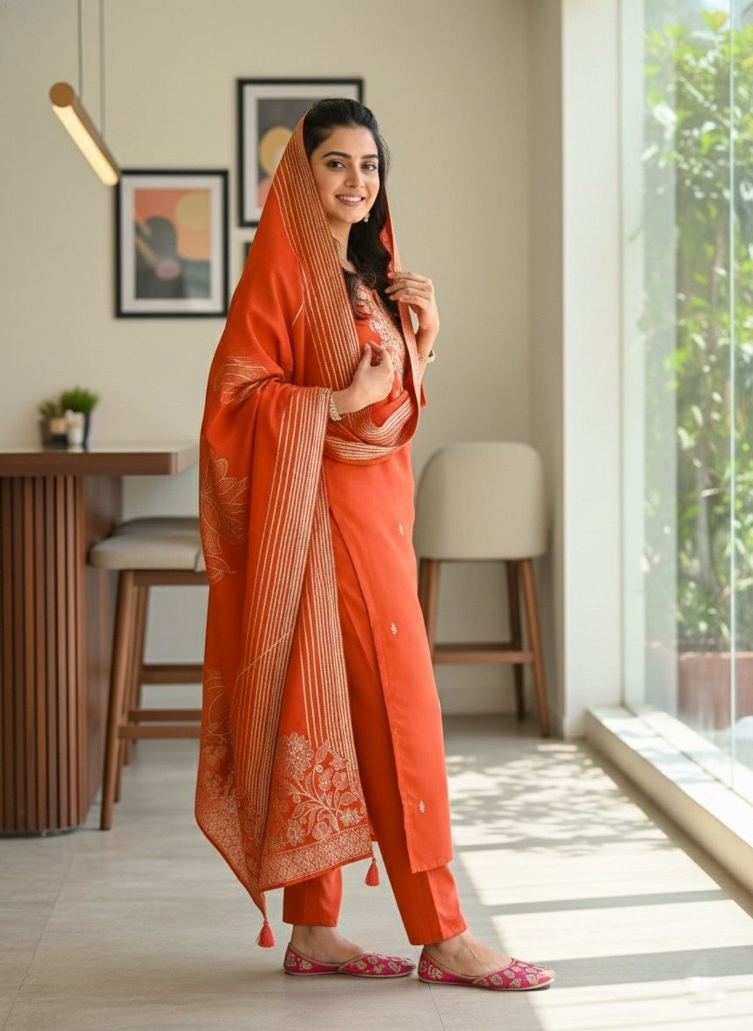 Image of RUTABO Embroidered Kurta, Trouser /Pant & Dupatta Set