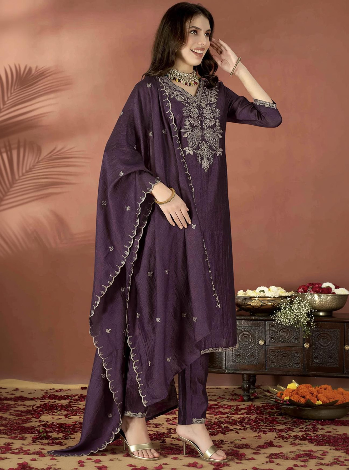 Image of Prasha Fashion Embroidered Kurta, Trouser /Pant & Dupatta Set