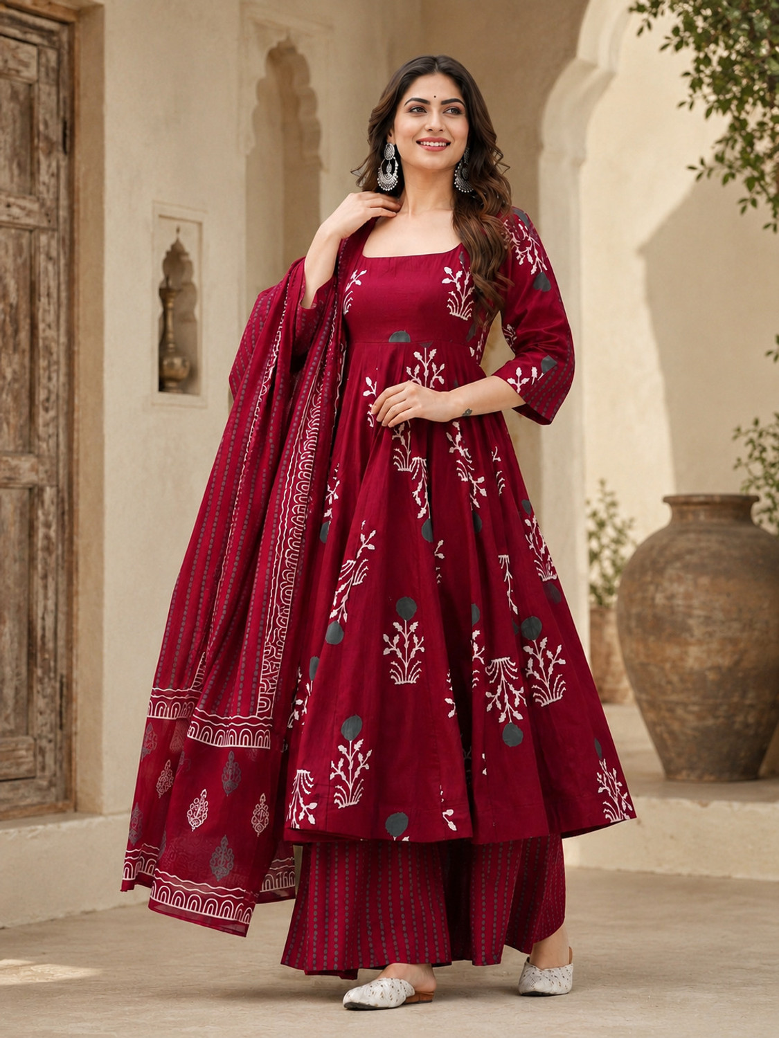 Image of NabubaFashion Printed Anarkali Kurta, Bottom & Dupatta Set