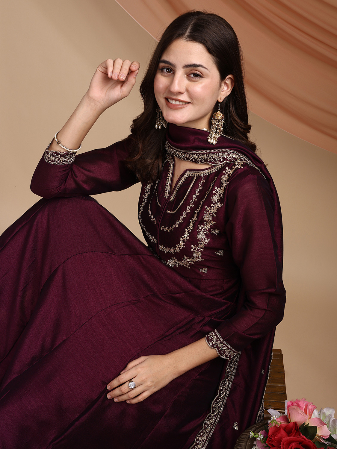 Image of Dharm Fashion Women Silk Blend Kurta Pant Dupatta Set