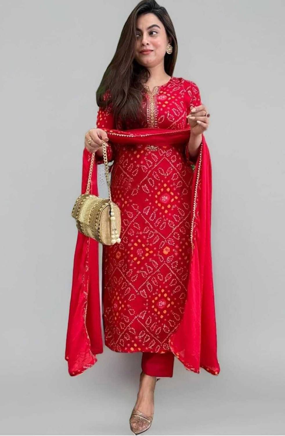 Vinayaka Women Bandhani, Printed Viscose Rayon Flared Kurta (Red)