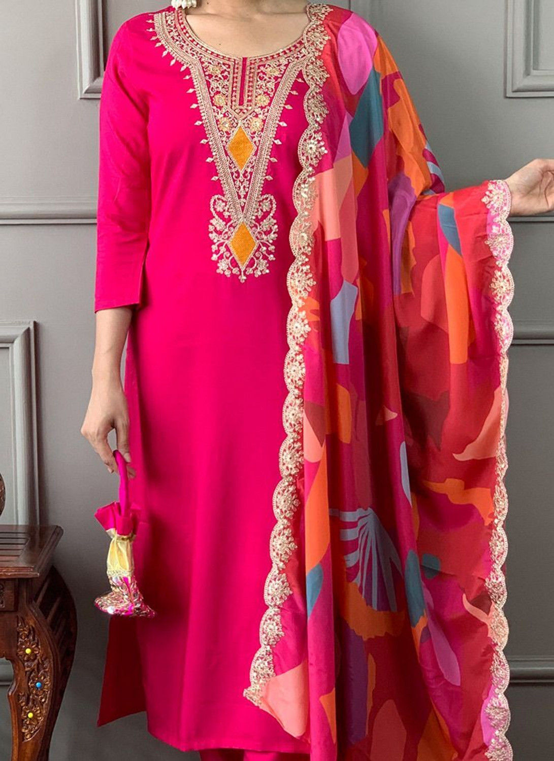 Image of KevalyaFashion Embroidered Kurta, Trouser /Pant & Dupatta Set