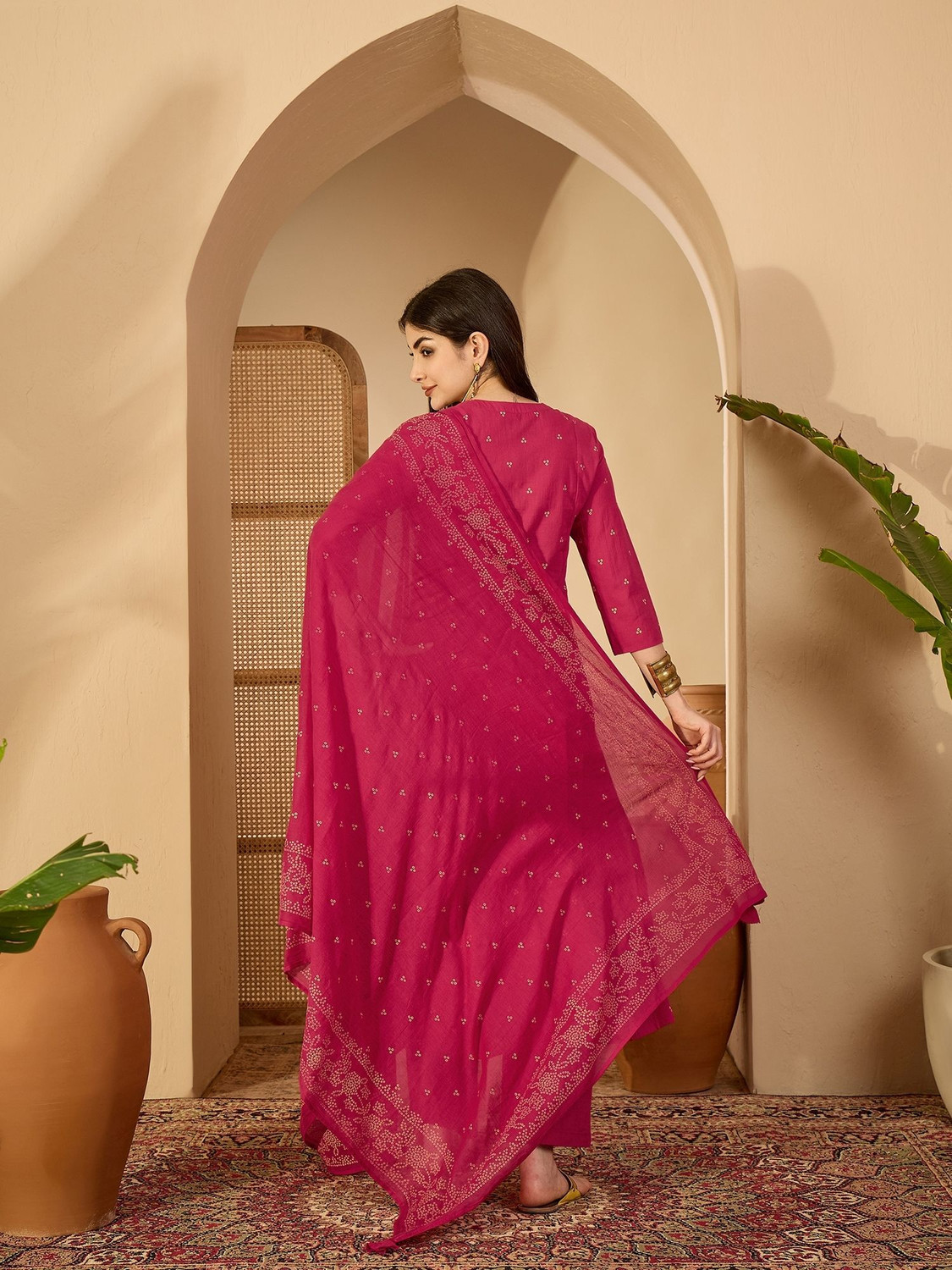 Image of KHALISH Polka Print Anarkali Kurta, Bottom & Dupatta Set