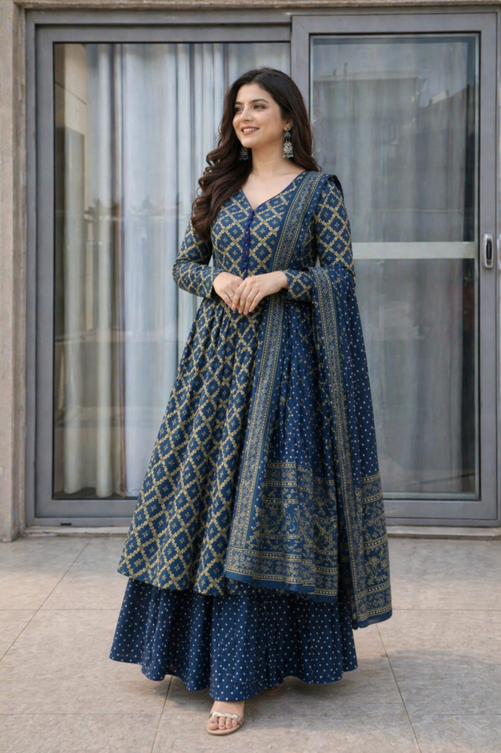 Image of moxinfashion Printed Anarkali Kurta, Bottom & Dupatta Set