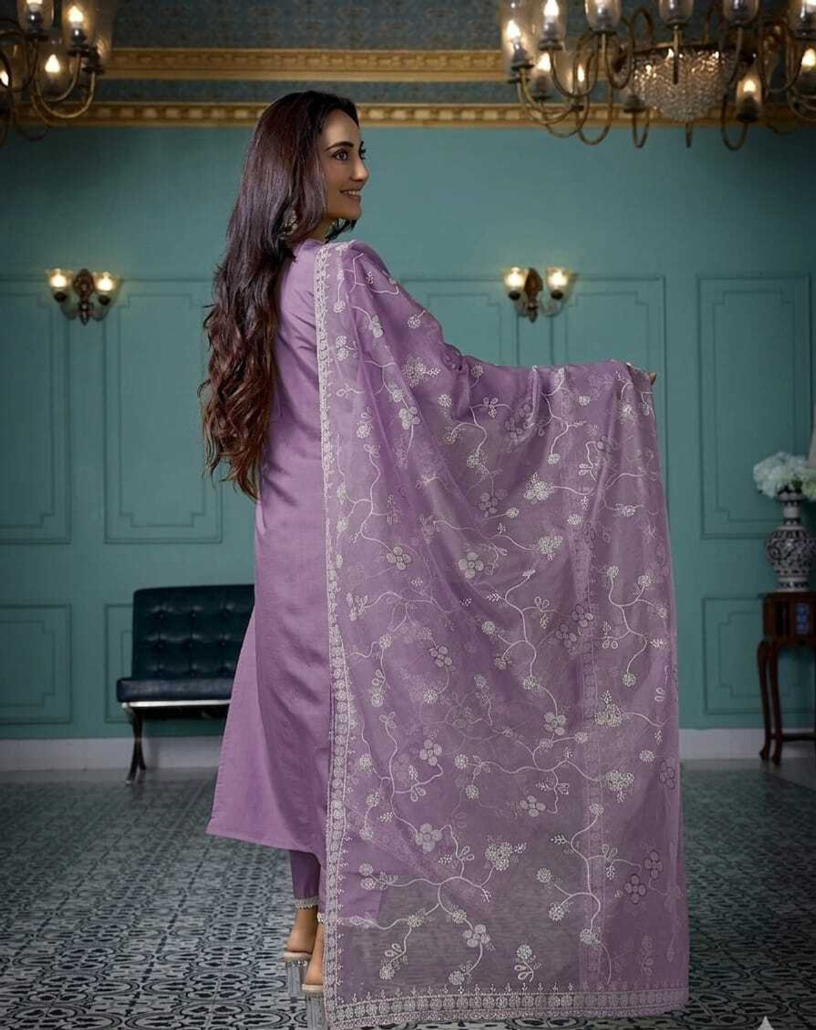 Image of CLAVINET Embroidered Kurta, Trouser /Pant & Dupatta Set
