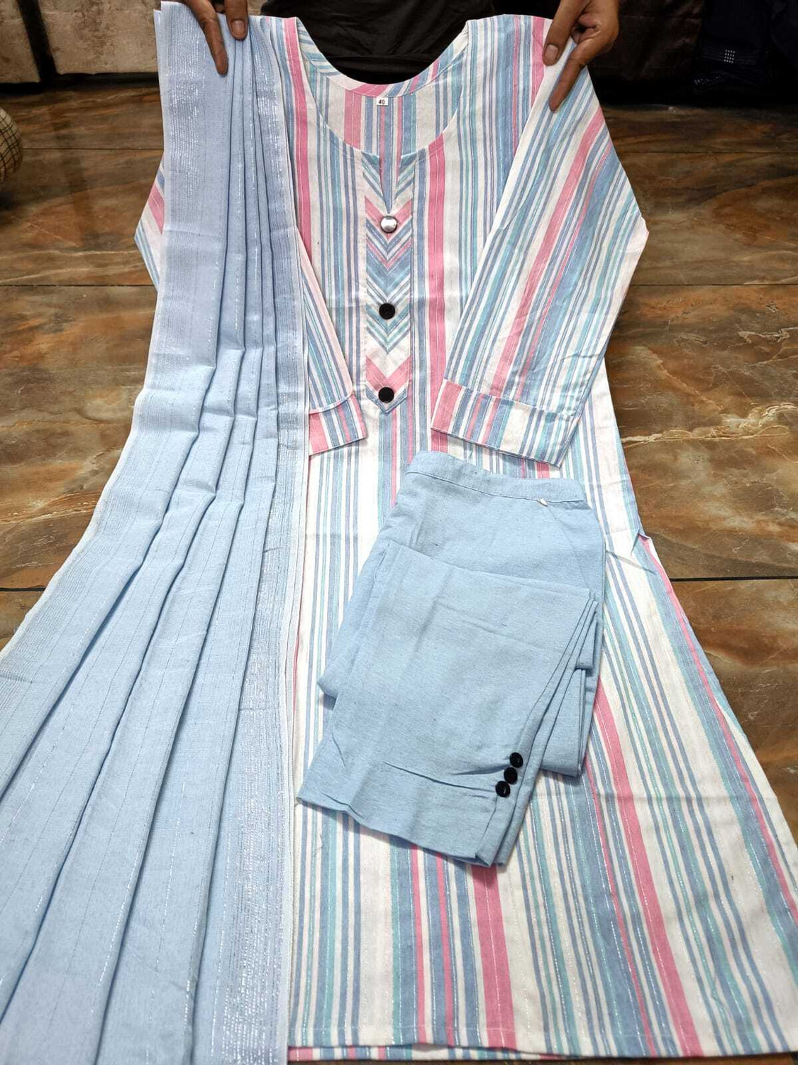 Image of BUSHI Striped Kurta, Trouser /Pant & Dupatta Set