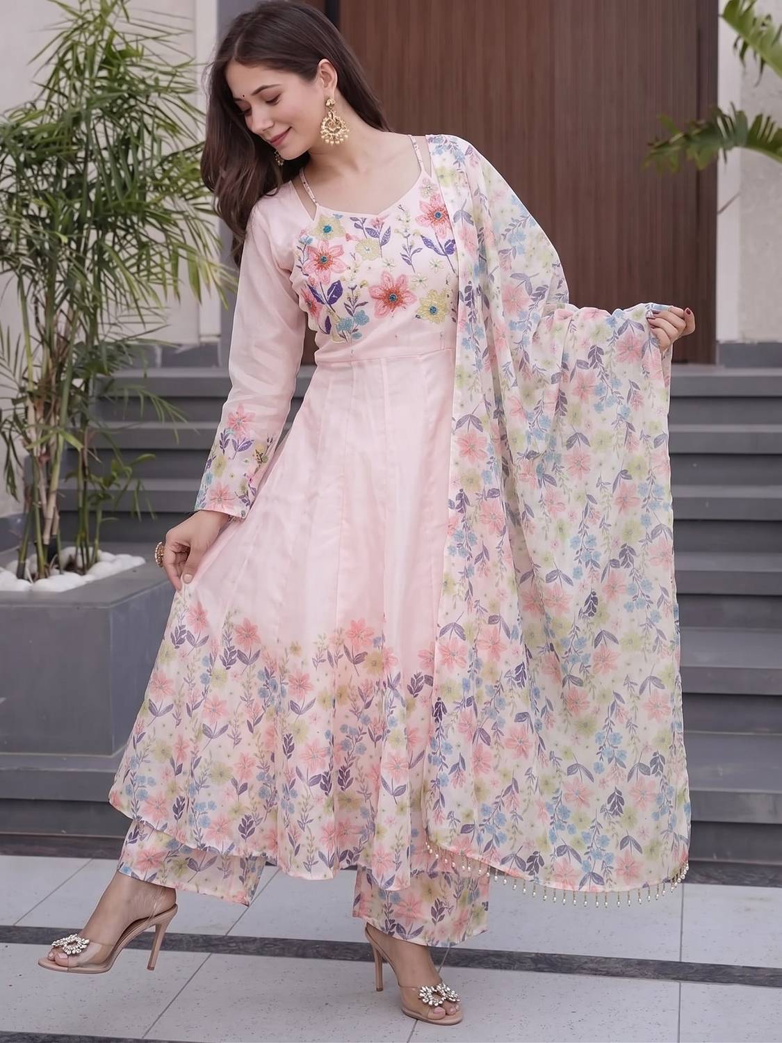 TRANDTIDE Organza Digital Print Anarkali Gown Set - Image 4