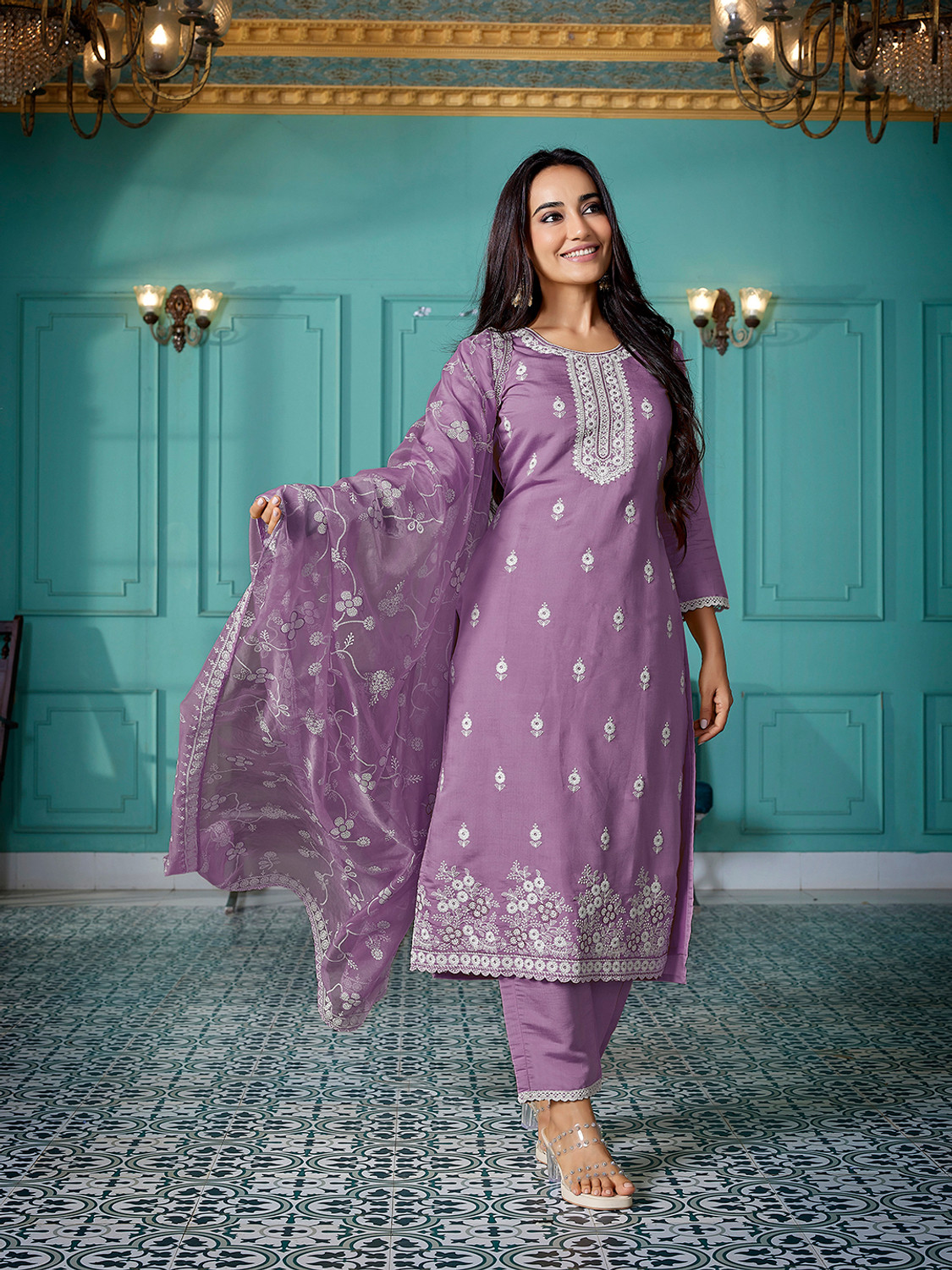 Image of Tasrika Embroidered Kurta, Trouser /Pant & Dupatta Set