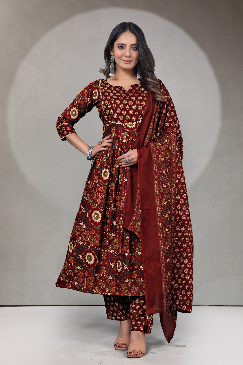 Image of KALAVRITTA Floral Print Anarkali Kurta, Bottom & Dupatta Set