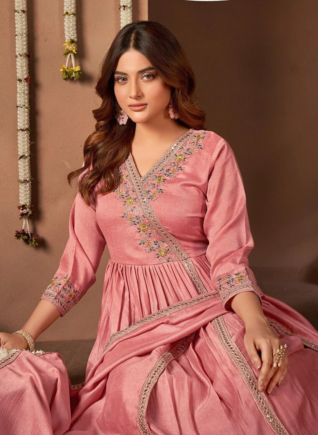 Image of P Three Pluse Embroidered Kurta, Palazzo & Dupatta Set