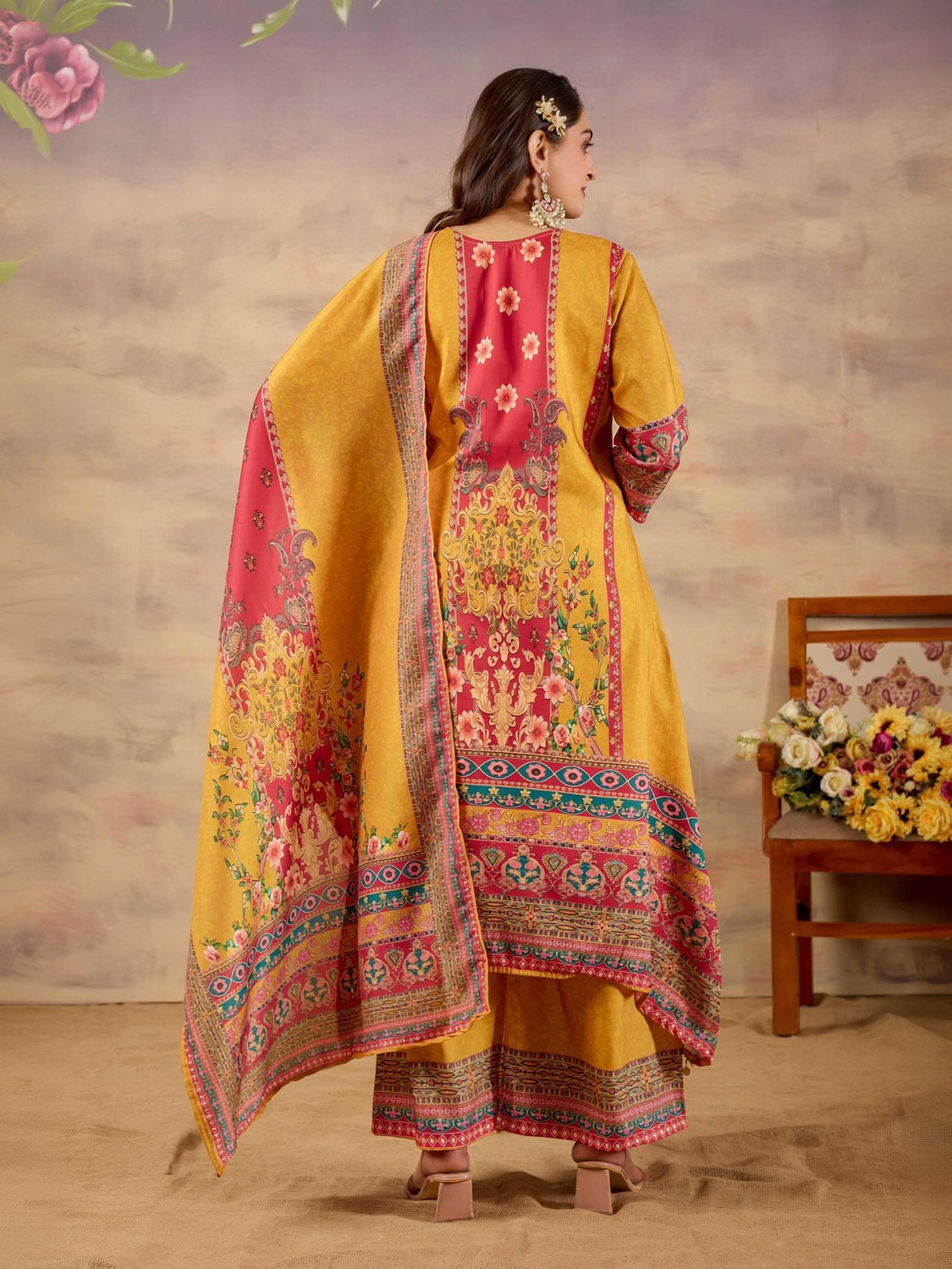 Image of bindudi Embroidered Kurta, Palazzo & Dupatta Set