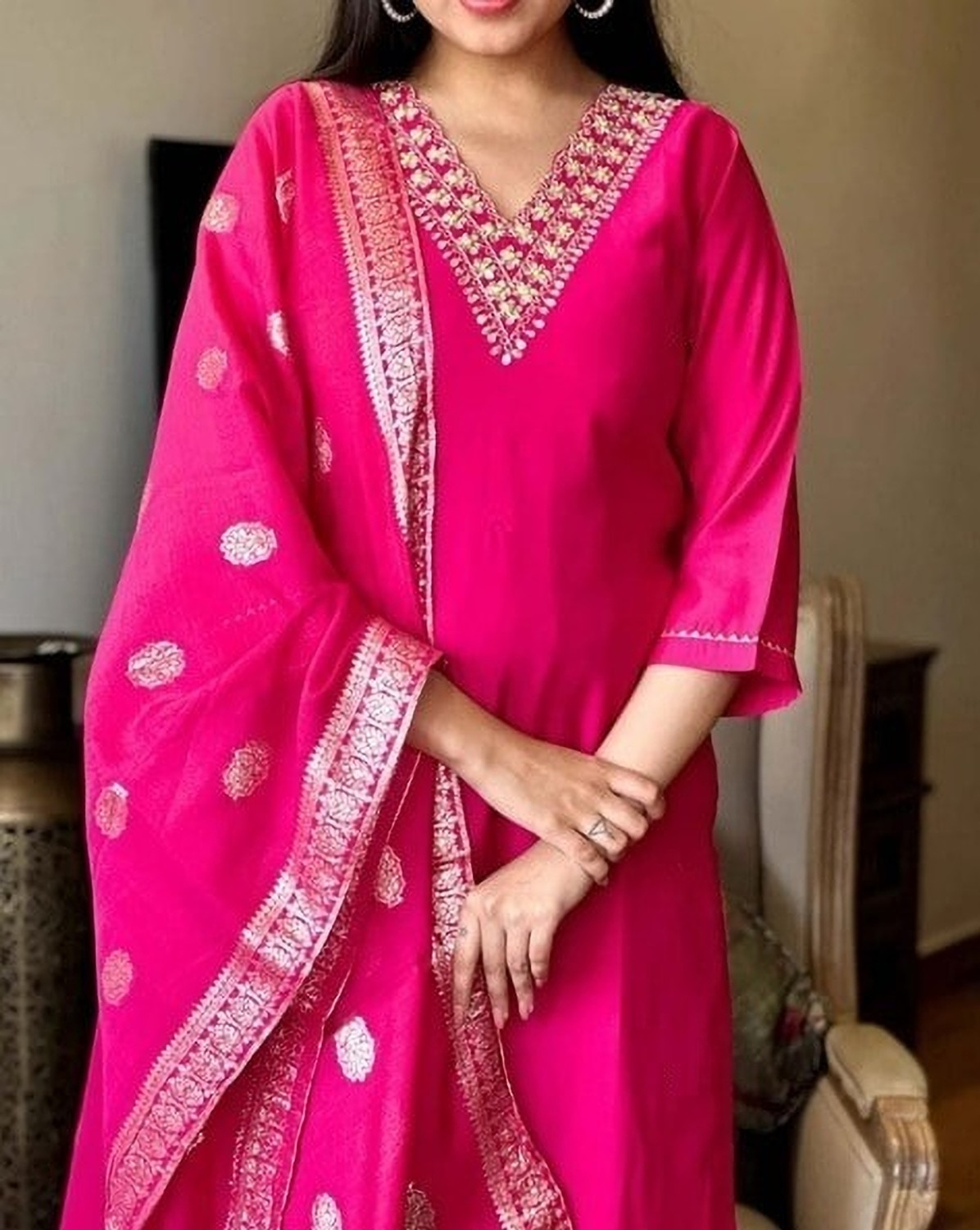 Image of FARHATFASHION Embroidered Kurta, Trouser /Pant & Dupatta Set