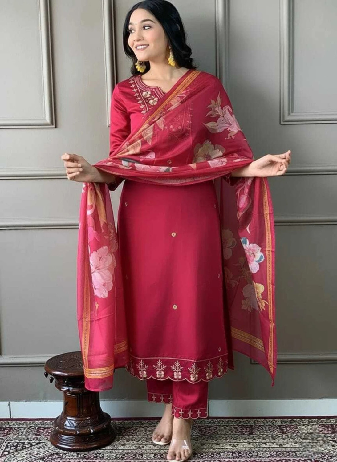 Image of shyam krishna fashion Embroidered, Floral Print Kurta, Trouser /Pant & Dupatta Set