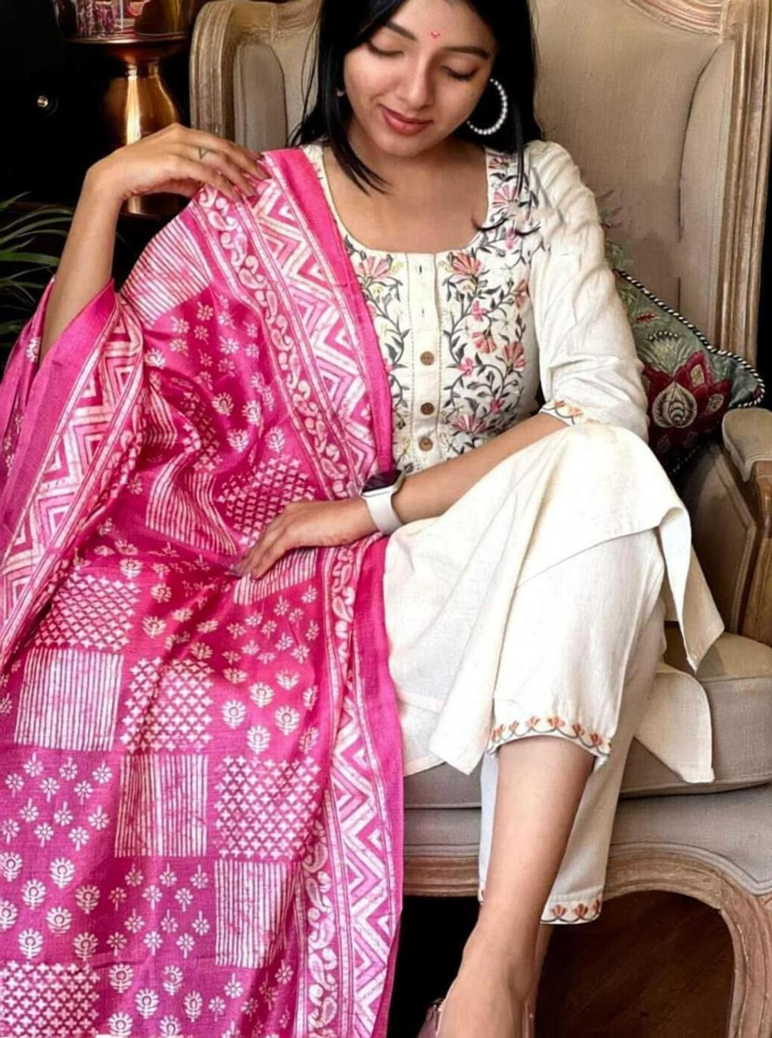 Image of Krafty Fashion Embroidered Kurta, Trouser /Pant & Dupatta Set
