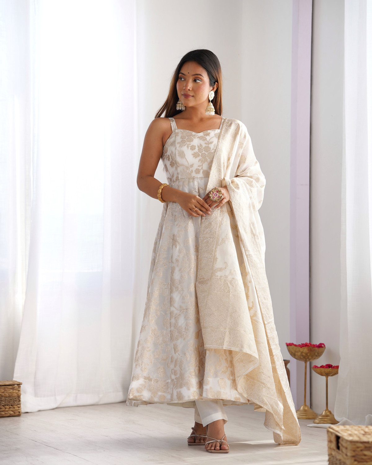 Image of KURTIBELLA Printed Anarkali Kurta, Bottom & Dupatta Set