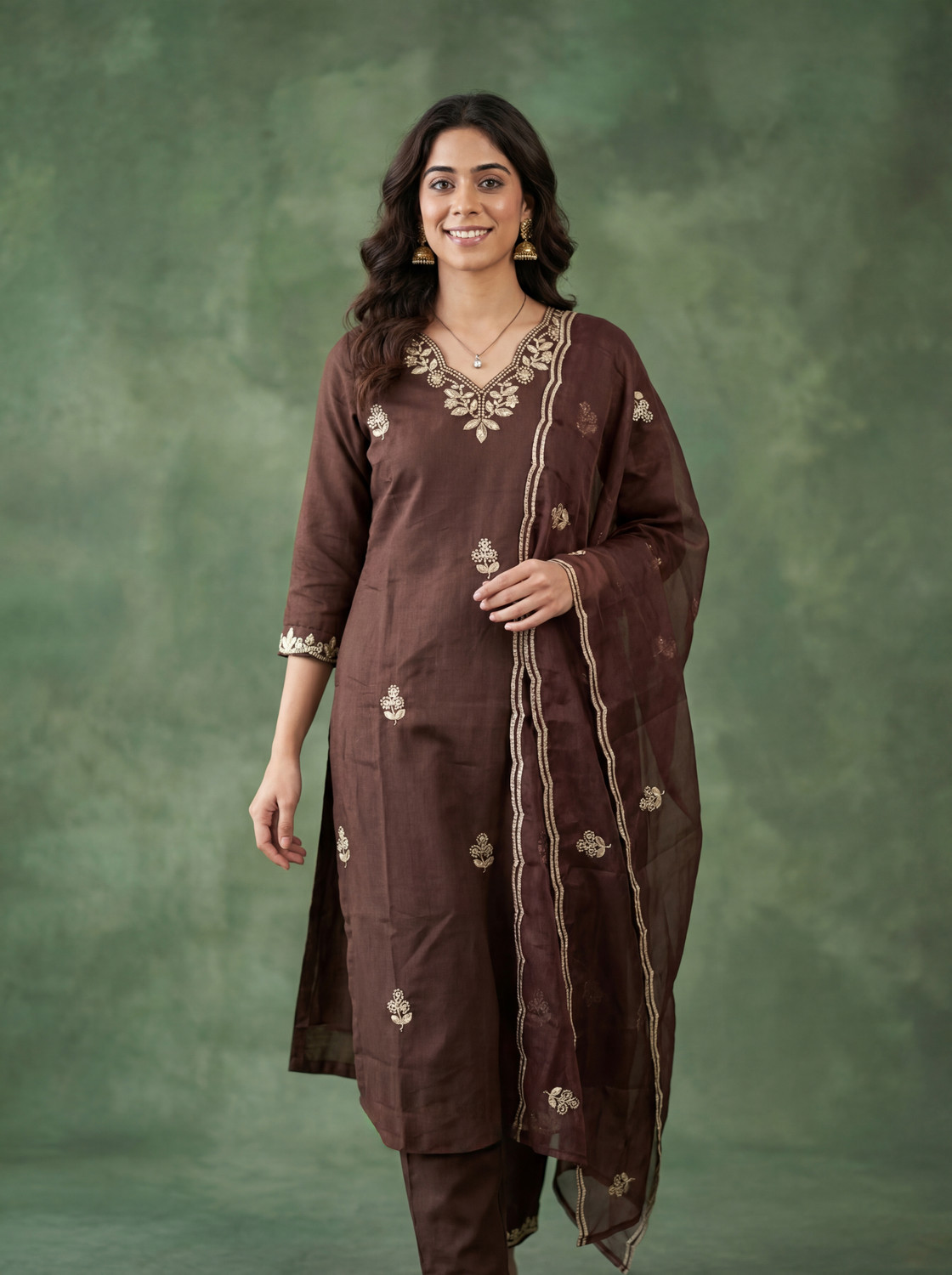 Image of SHIVAYFAB Embroidered Kurta, Trouser /Pant & Dupatta Set