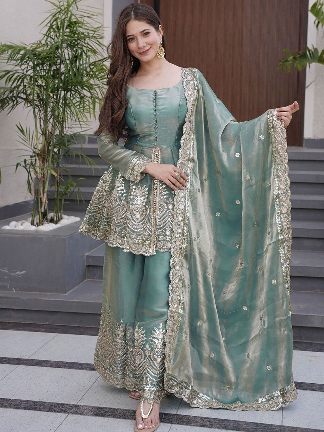 Image of PRAKRUTI ENTERPRISE Embroidered Kurta, Palazzo & Dupatta Set