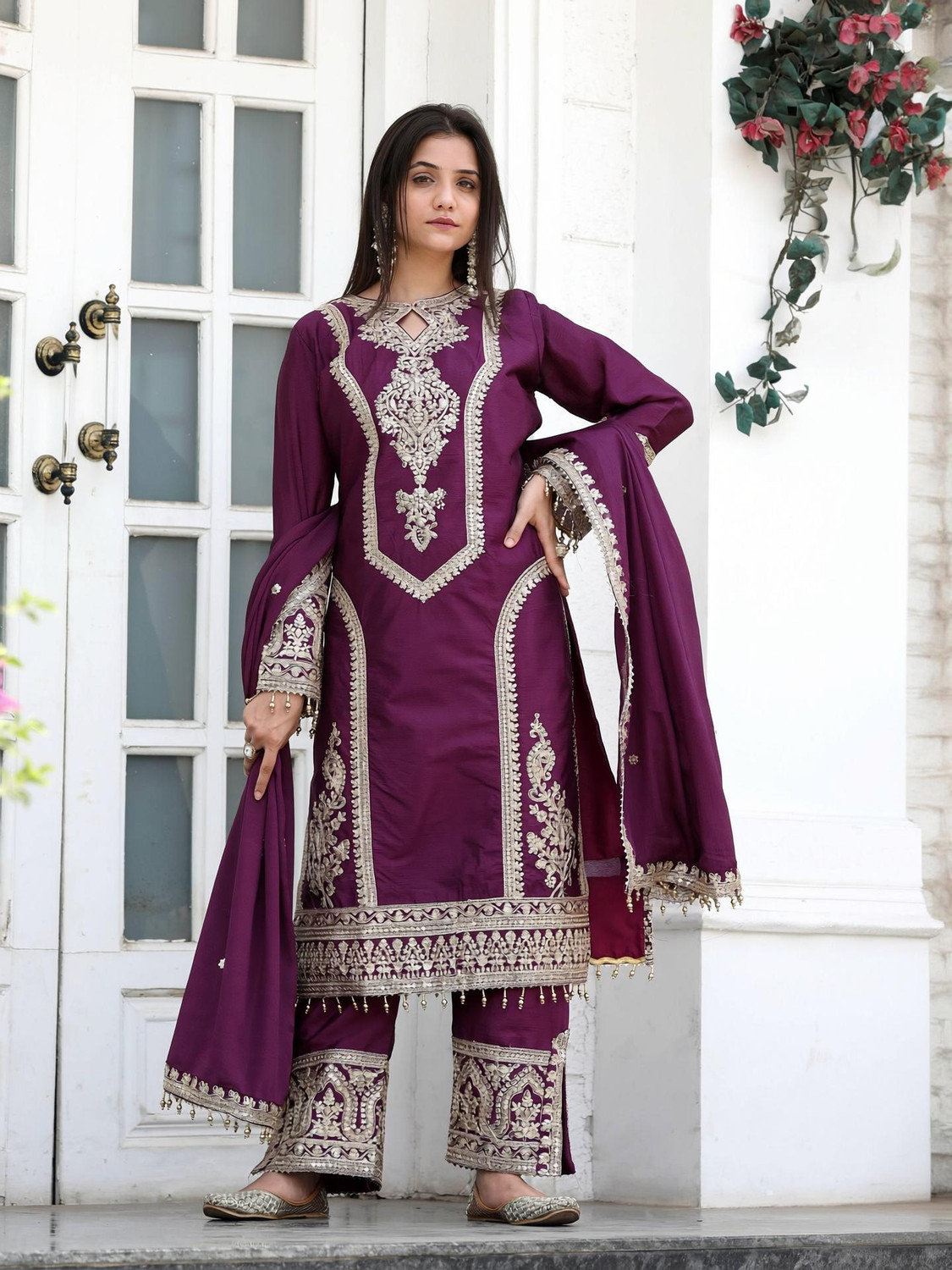 Image of KIRTAN ENTERPRISE Self Design Kurta, Palazzo & Dupatta Set