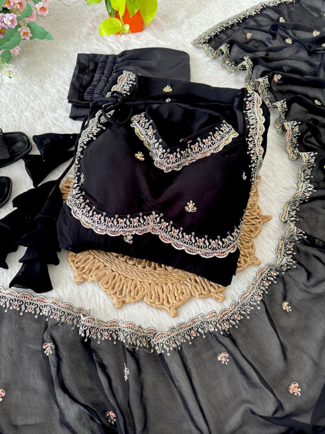 Image of Pushti Creation Embroidered Anarkali Kurta, Bottom & Dupatta Set
