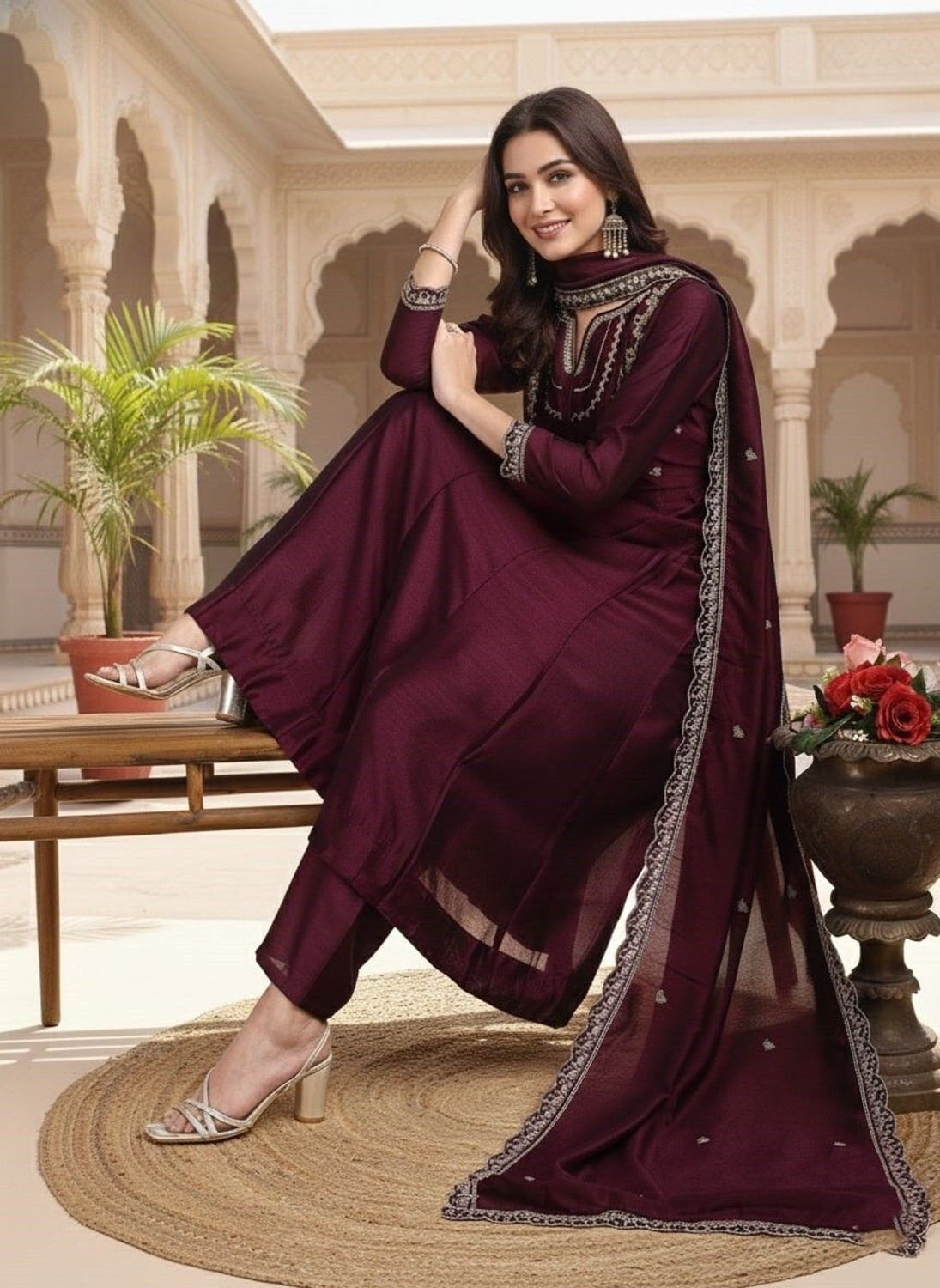 Image of OMICRON FAB Embroidered Anarkali Kurta, Bottom & Dupatta Set