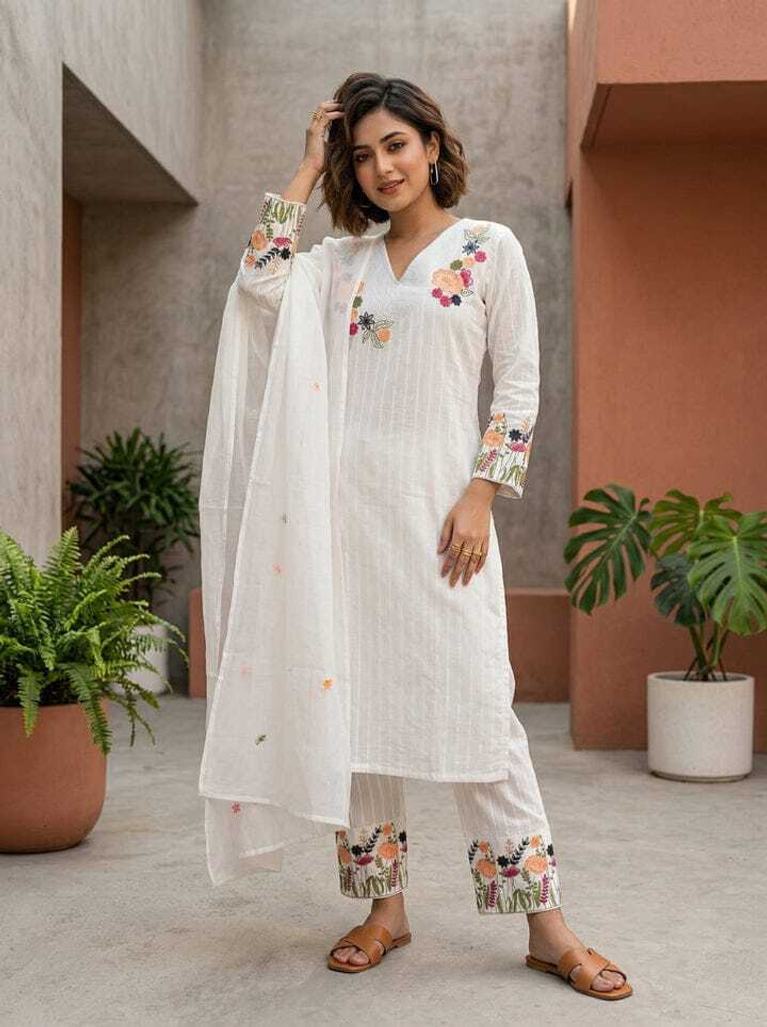 Image of AMBEYMAA PRINTS Embroidered Kurta, Churidar & Dupatta Set
