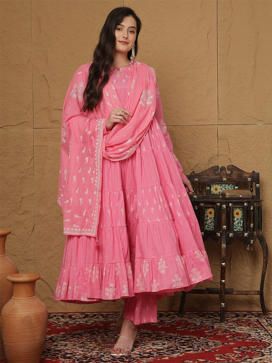 Image of kipek Printed Anarkali Kurta, Bottom & Dupatta Set