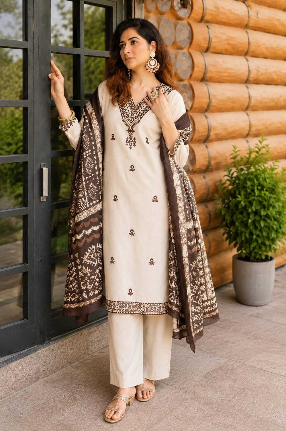 Image of GODRAM Floral Print, Embroidered Kurta, Trouser /Pant & Dupatta Set
