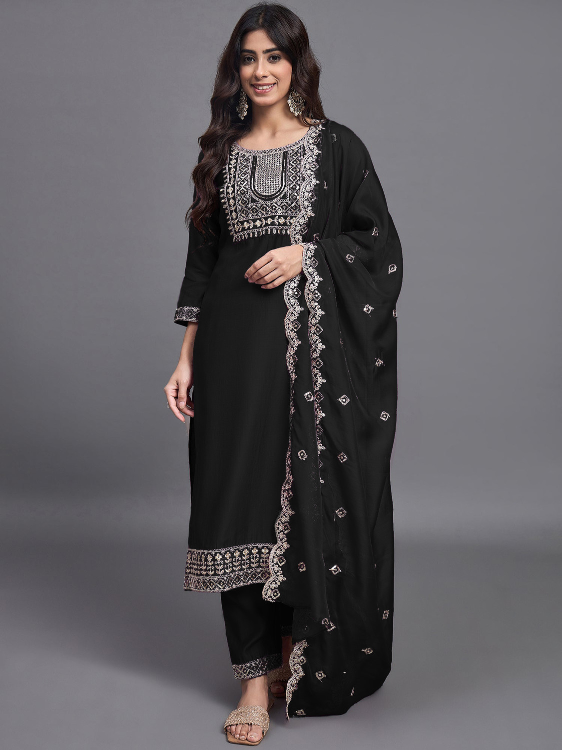 Image of DHARM CREATION Embroidered Kurta, Trouser /Pant & Dupatta Set