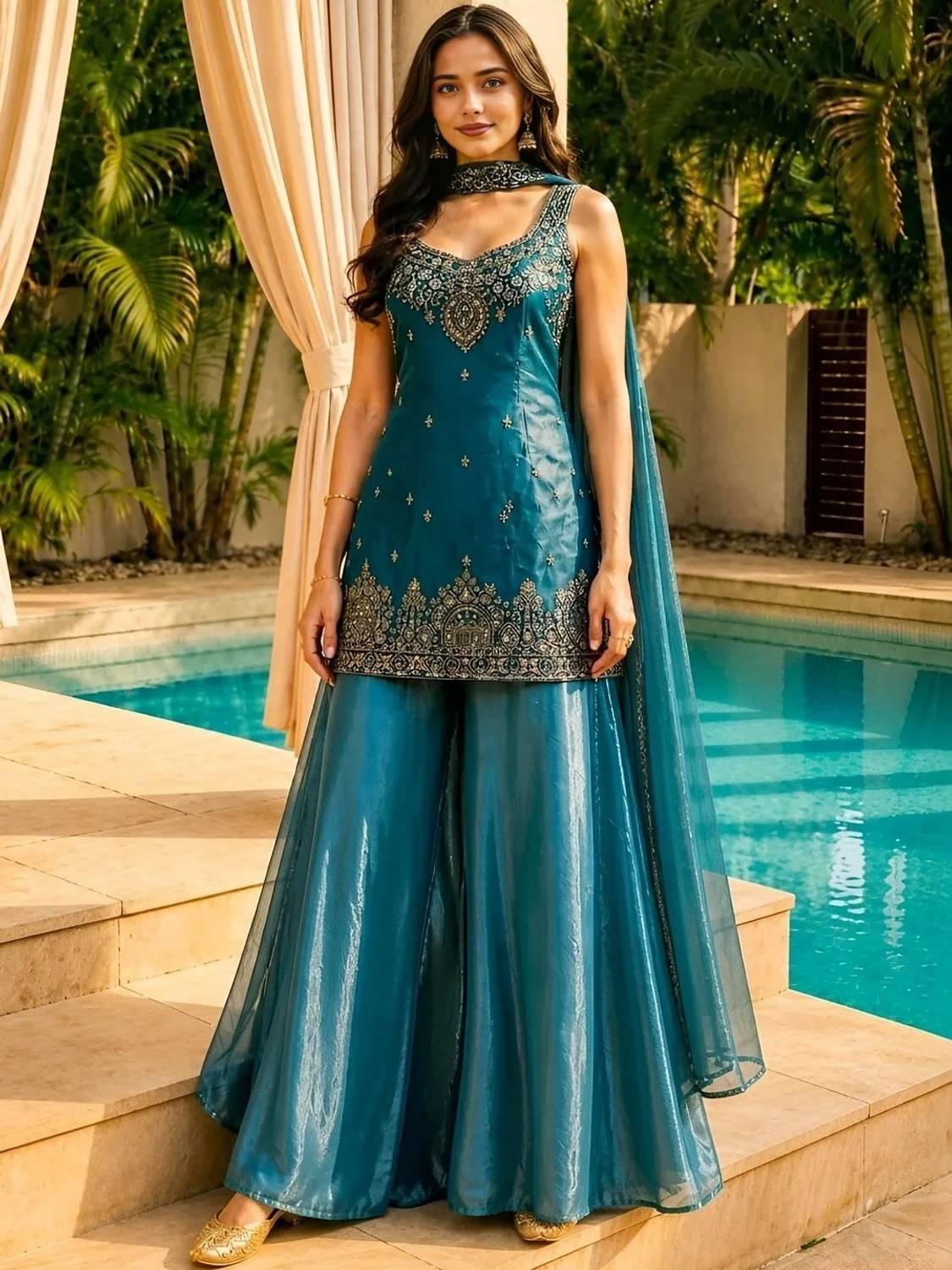 Aneri Embroidered Kurta, Sharara & Dupatta Set - Image 1