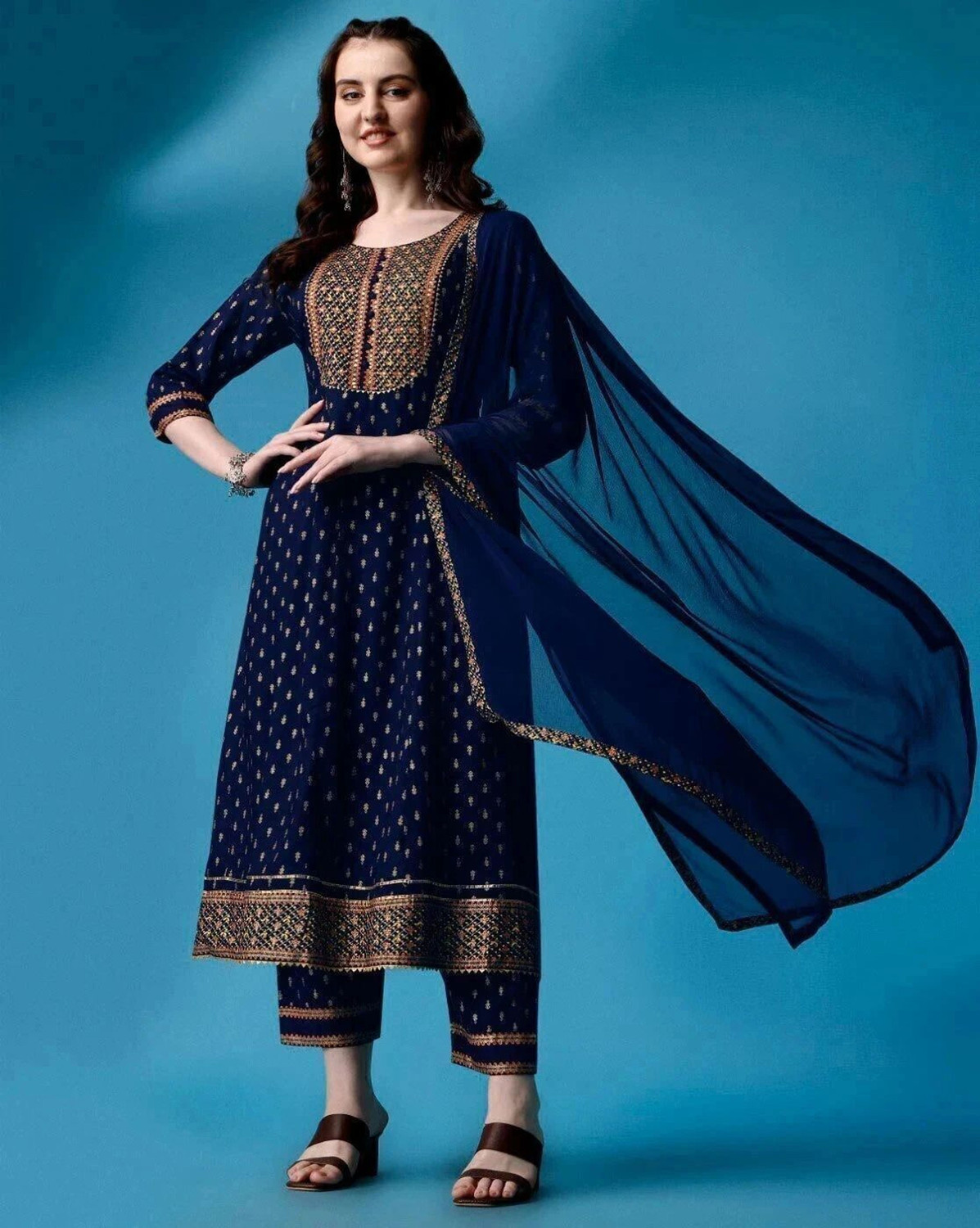 Image of Queens Fab Printed, Embroidered Anarkali Kurta, Bottom & Dupatta Set