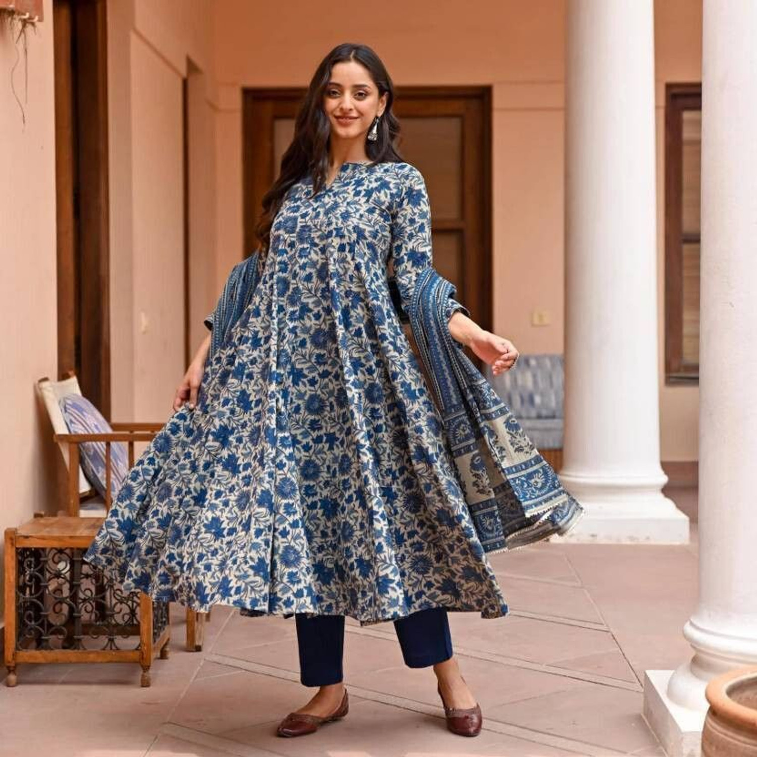 Image of BHADRIYAA Printed Anarkali Kurta, Bottom & Dupatta Set