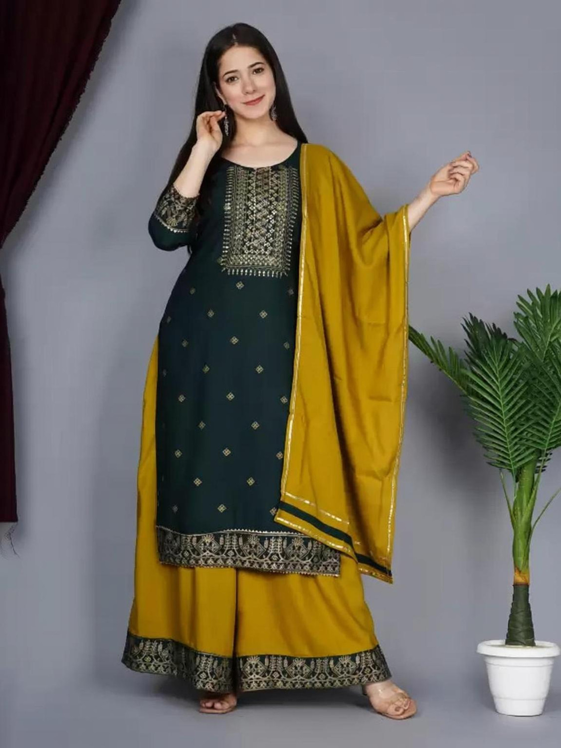 Image of AAYUFAB Printed Kurta, Palazzo & Dupatta Set