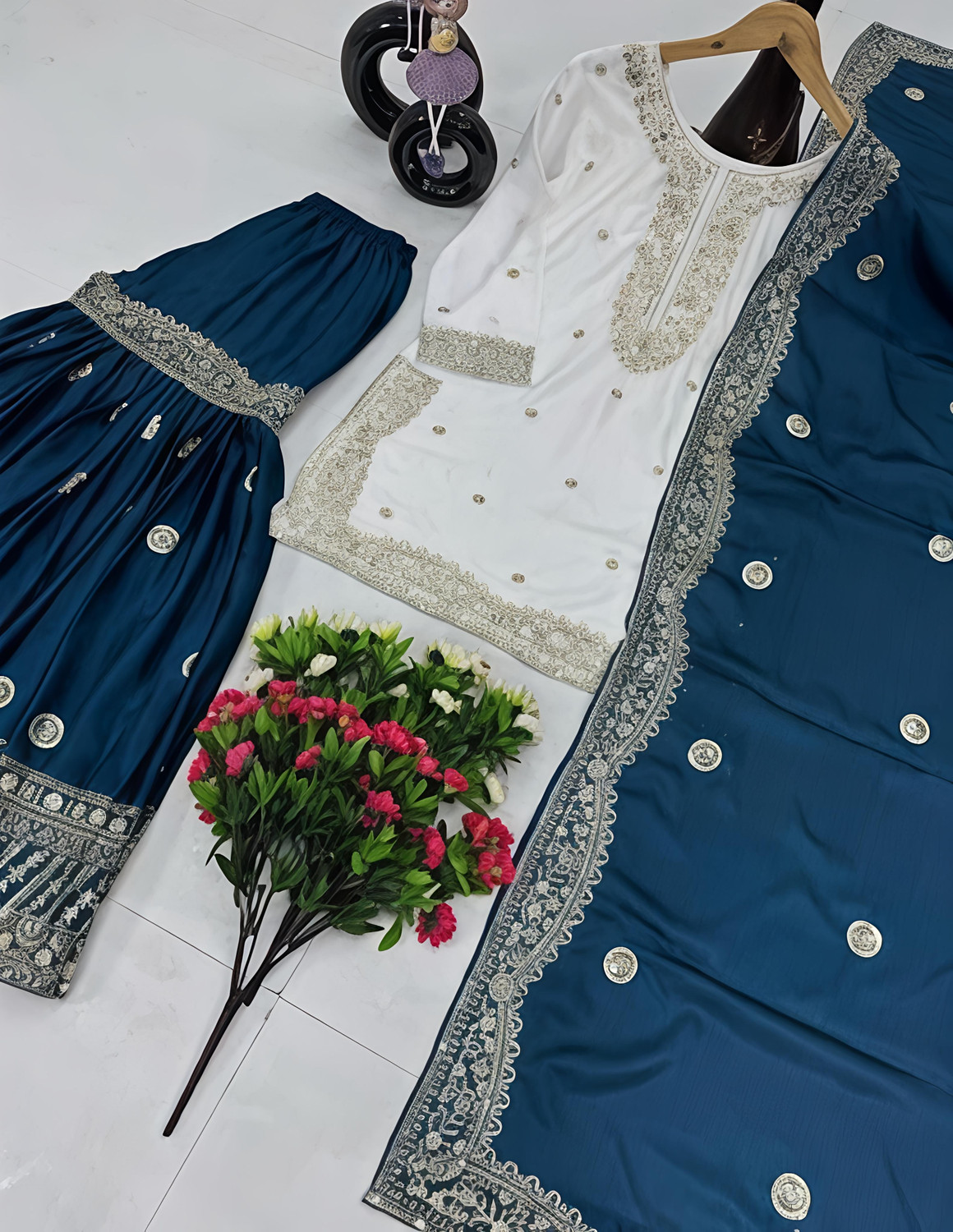 Image of SINCERO Embroidered Kurta, Sharara & Dupatta Set