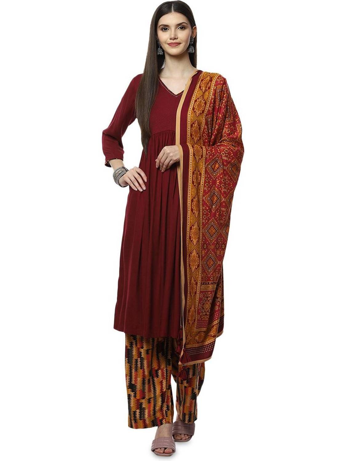 BIBA Solid Kurta, Palazzo & Dupatta Set