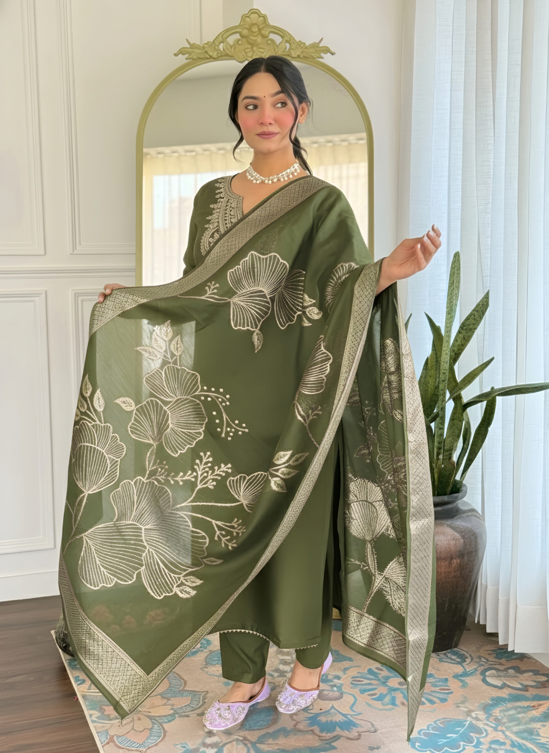 Image of SHYAM BANSI Embroidered Kurta, Trouser /Pant & Dupatta Set