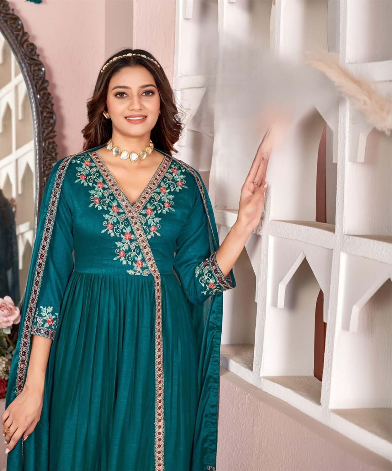 Image of Aarya Fashion Embroidered Anarkali Kurta, Bottom & Dupatta Set