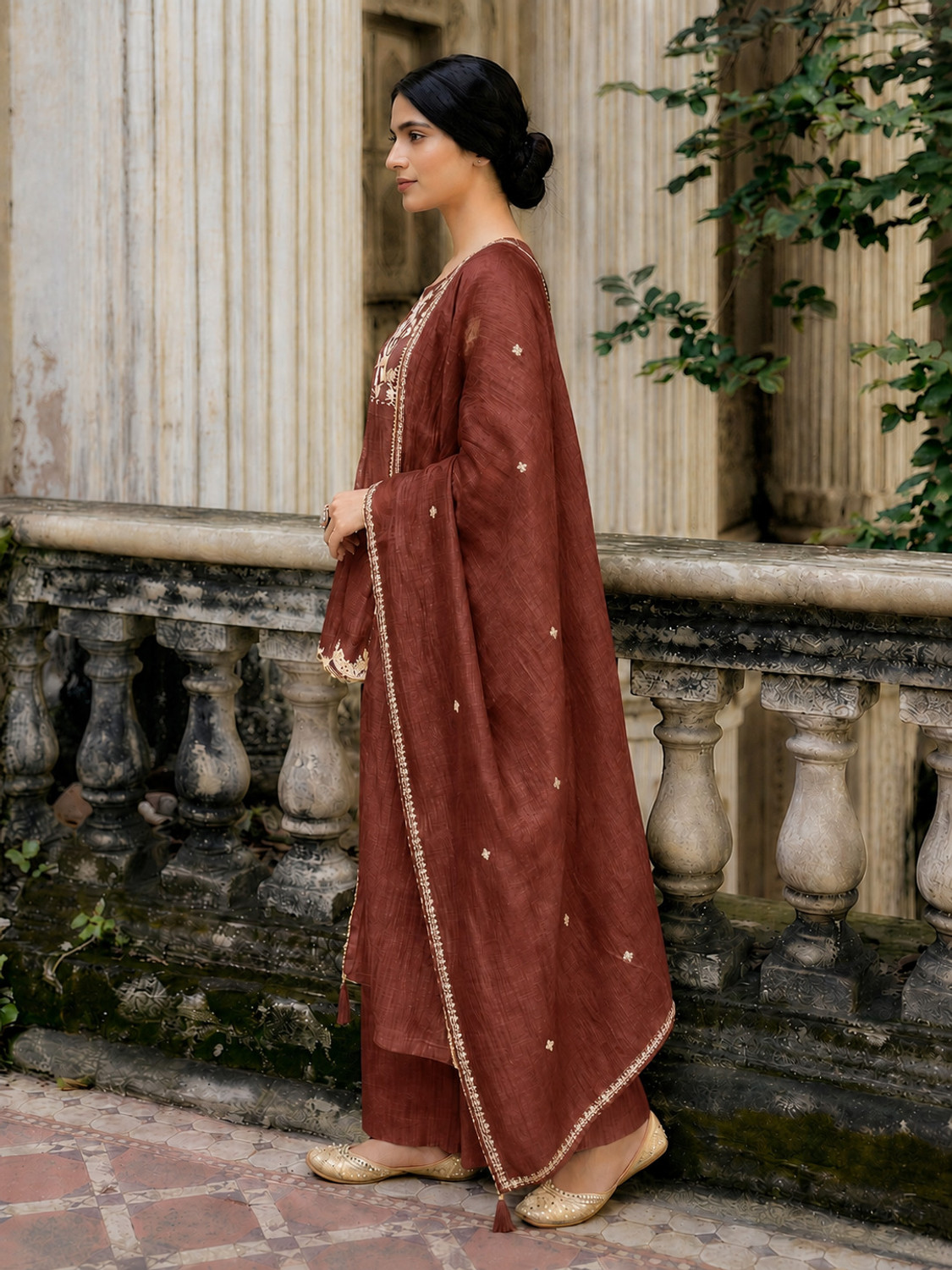 Image of RUTABO Embroidered Kurta, Palazzo & Dupatta Set