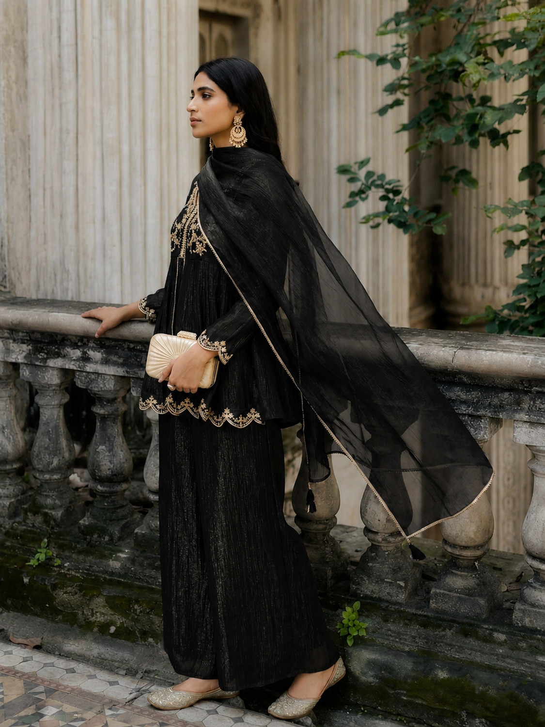Image of RUTABO Embroidered Kurta, Palazzo & Dupatta Set