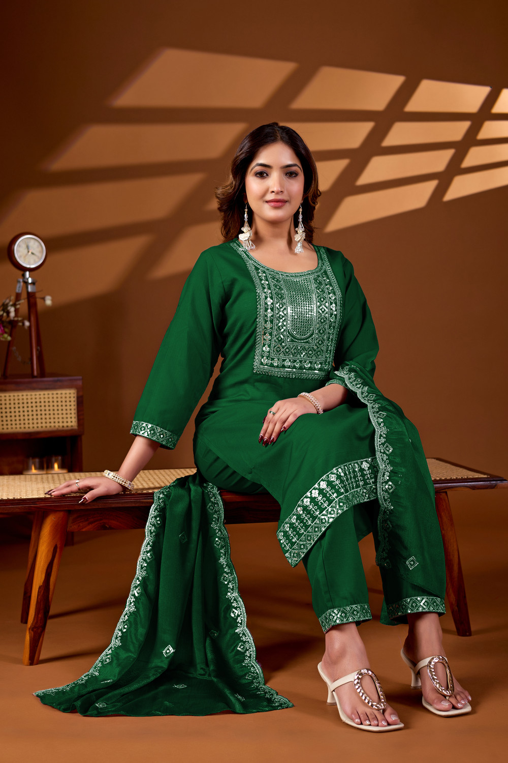 Image of DHARM CREATIONS Embroidered Kurta, Trouser /Pant & Dupatta Set