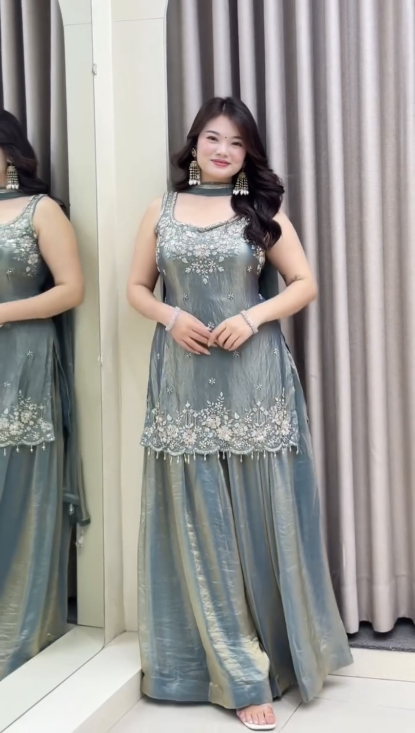 Image of BYRI Embroidered Kurta, Sharara & Dupatta Set