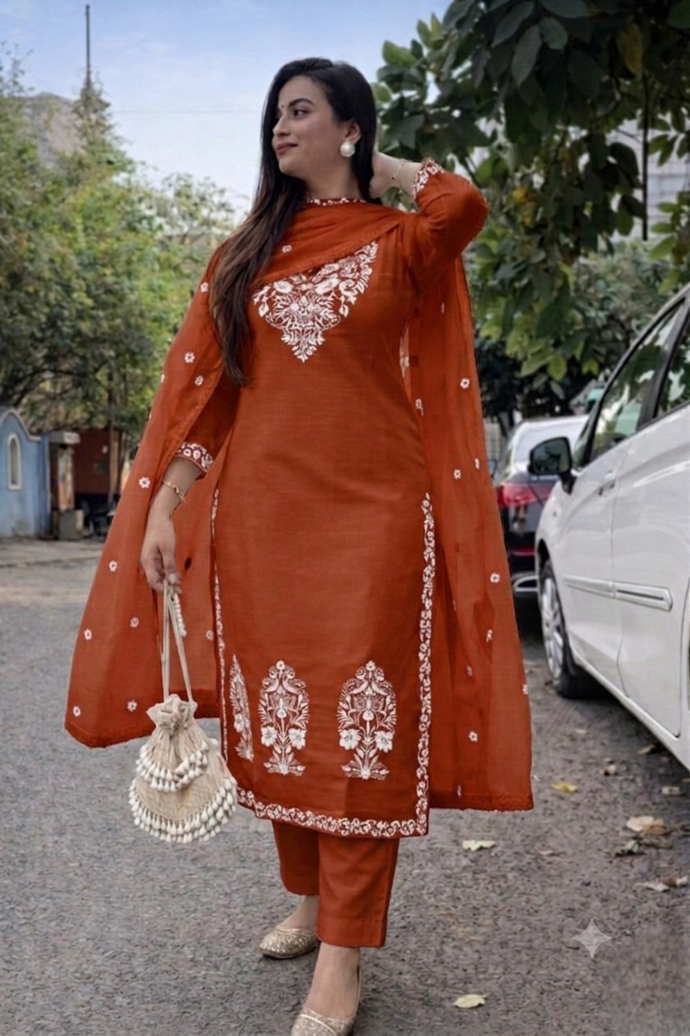 Image of PILUDI Embroidered Kurta, Trouser /Pant & Dupatta Set