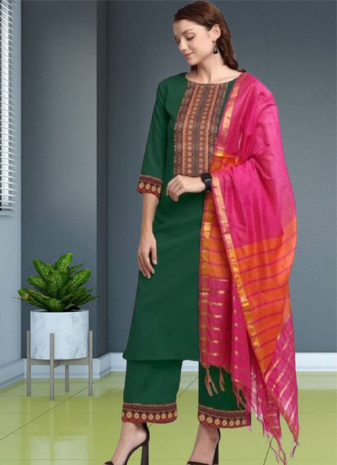 AnAdhTex Embellished Kurta, Palazzo & Dupatta Set