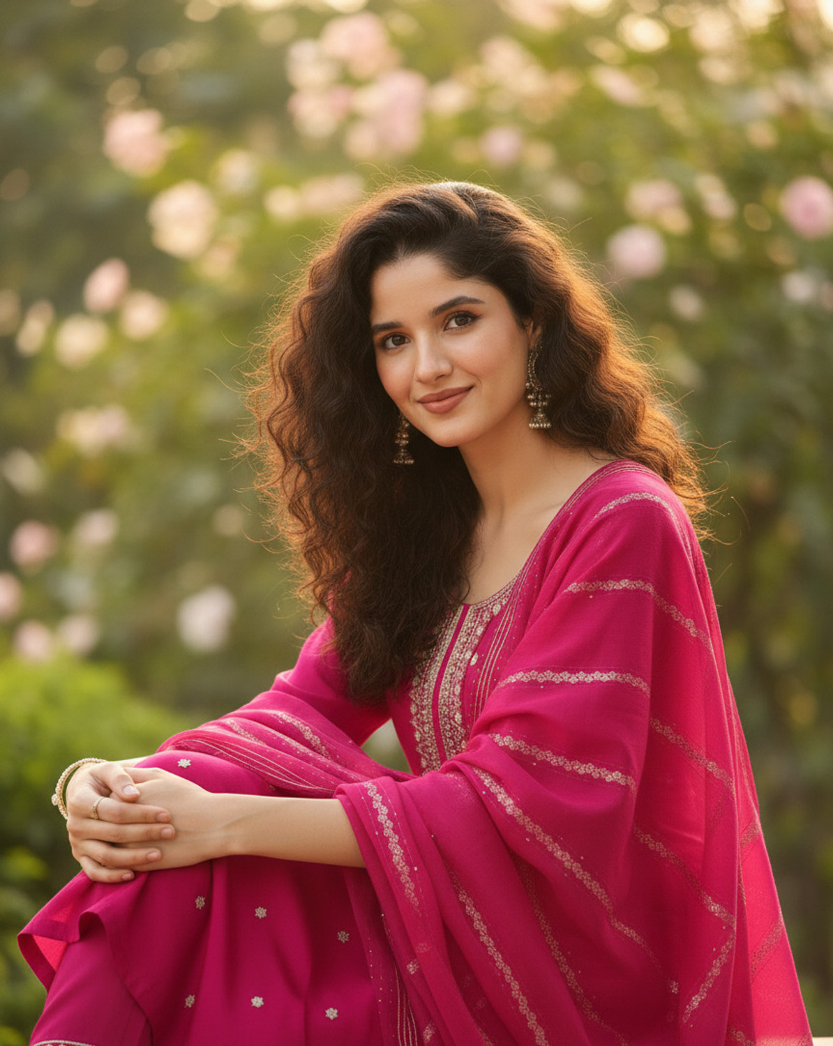 Image of ORRIYA Embroidered Kurta, Trouser /Pant & Dupatta Set