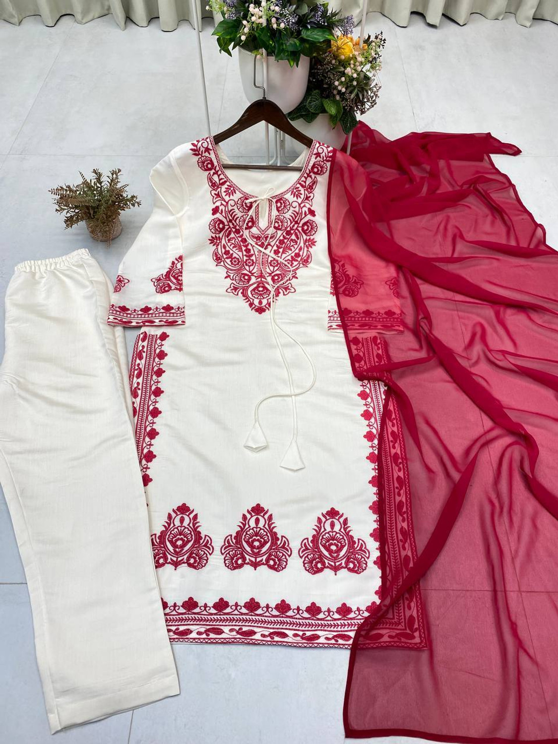 Image of Bivkchop Embroidered Kurta, Trouser /Pant & Dupatta Set