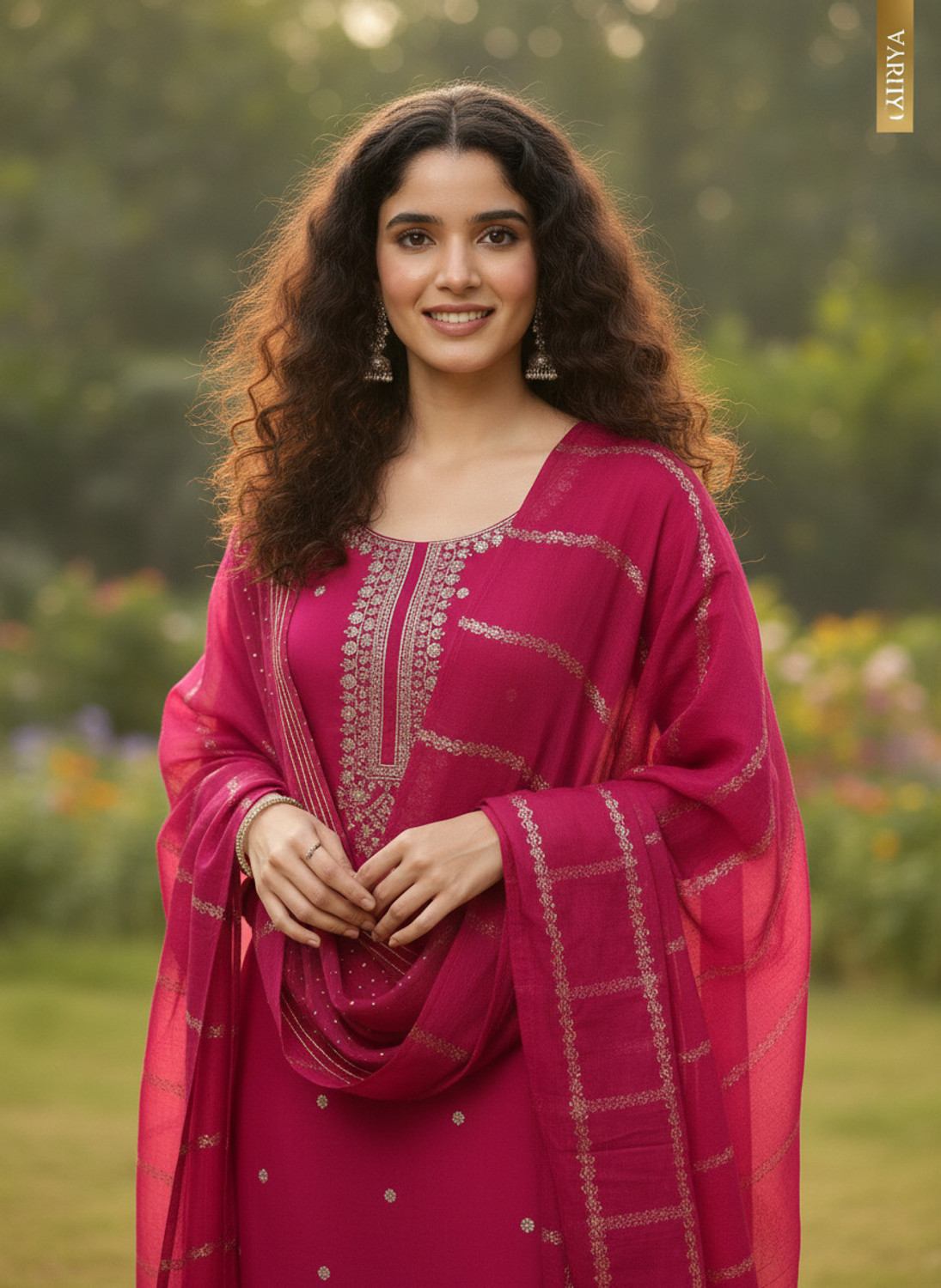 Image of ORRIYA Embroidered Kurta, Trouser /Pant & Dupatta Set