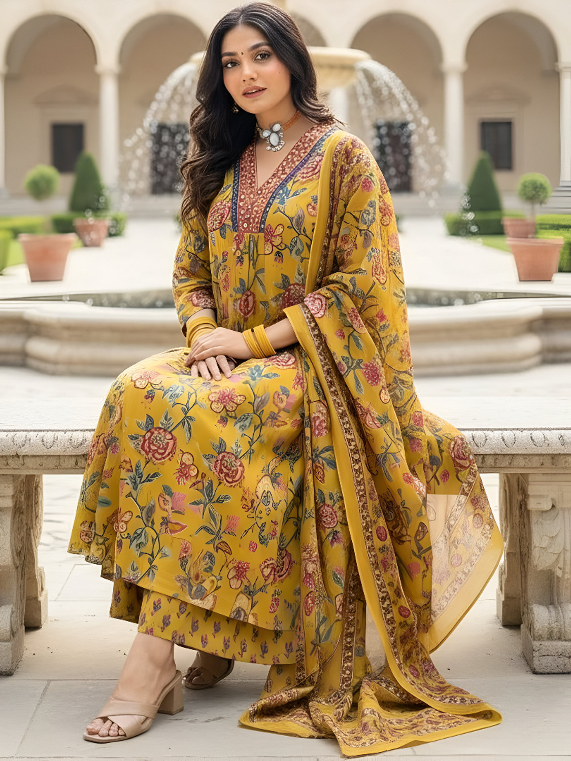 Image of BAMSOM WEAR Embroidered Kurta, Palazzo & Dupatta Set
