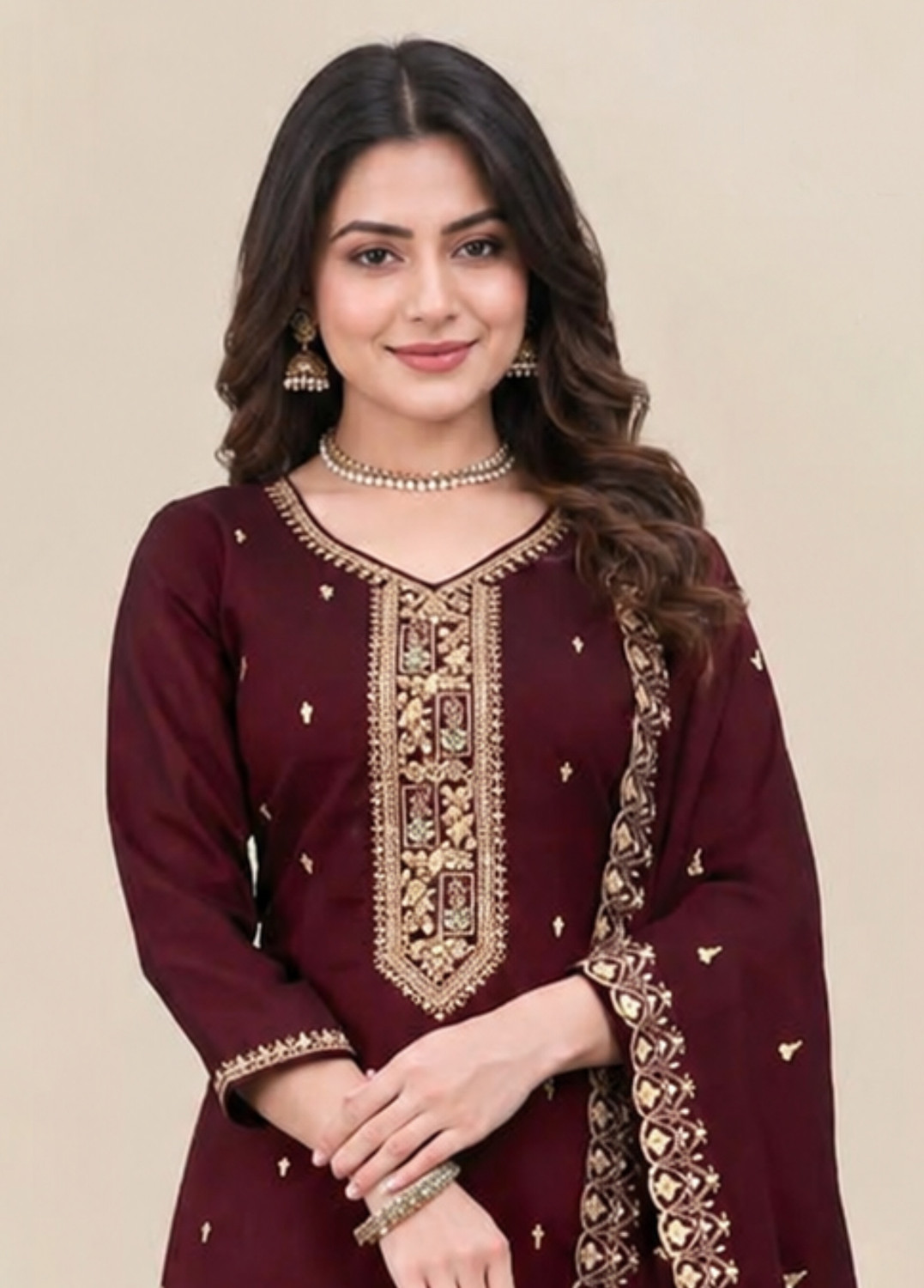 Image of DHARMA ENTERPRISE Embroidered Kurta, Trouser /Pant & Dupatta Set