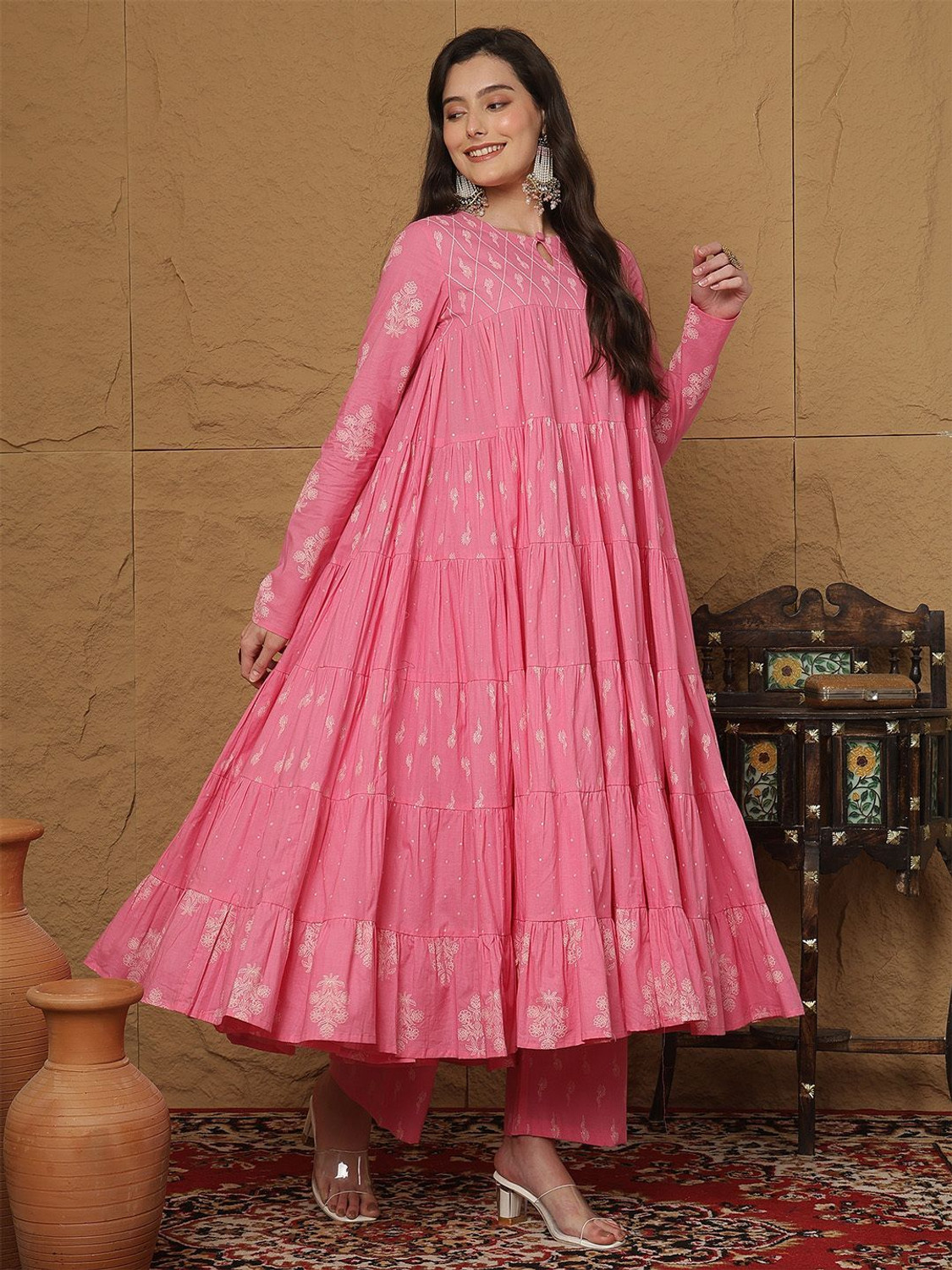Image of kipek Printed Anarkali Kurta, Bottom & Dupatta Set